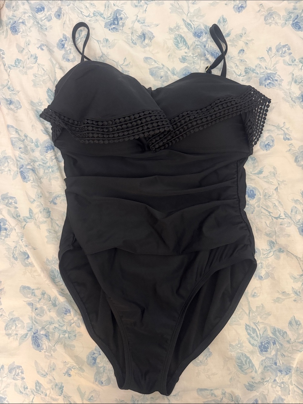 Black One-Piece Swimsuit with Crochet Trim